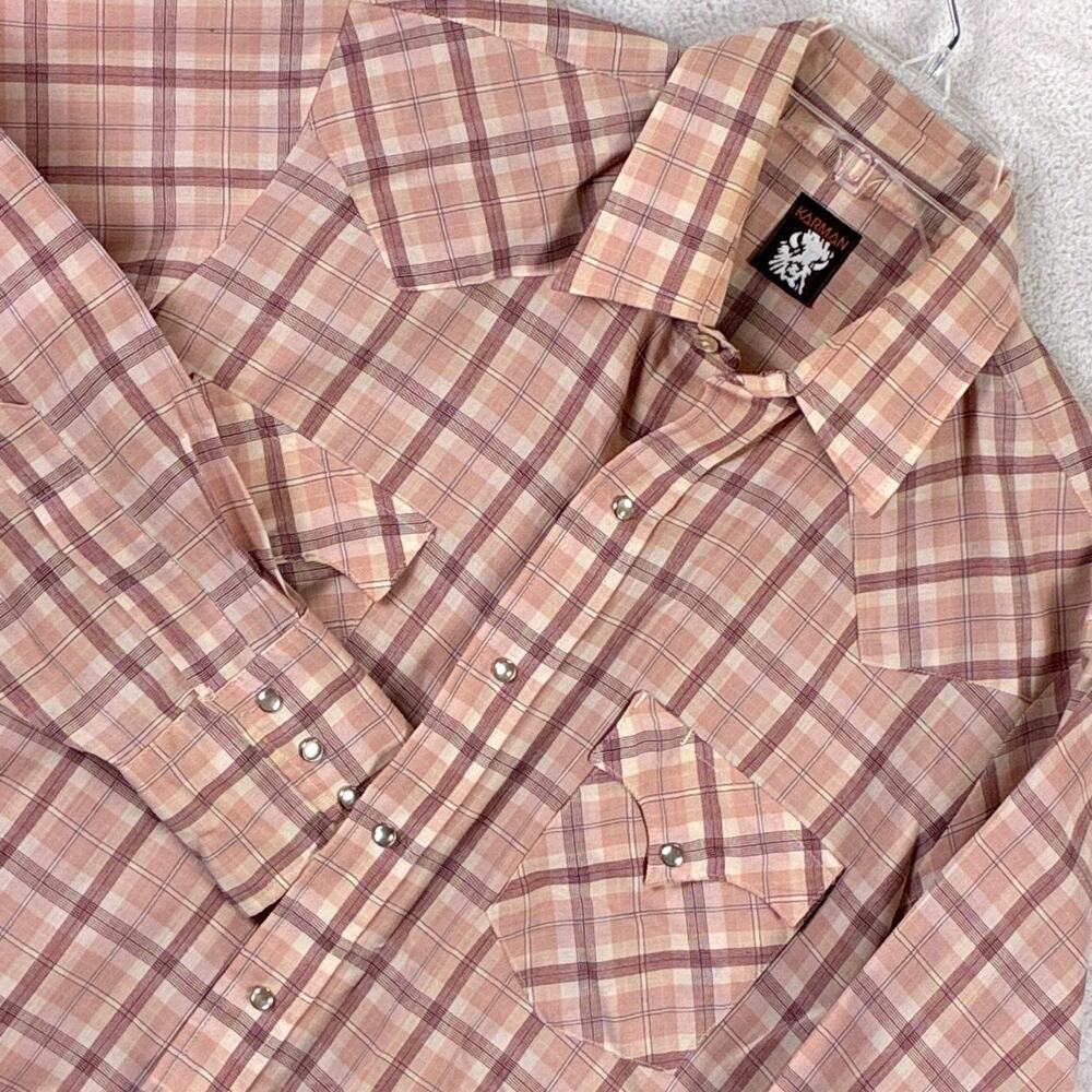 VTG Karman Western Shirt Mens 16 (L) Pink Plaid Pearl Snap Yoke Cowboy 80s USA